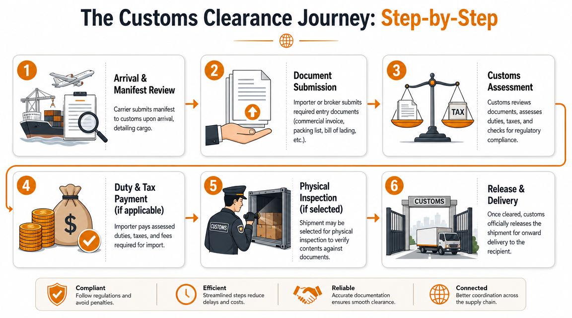An infographic detailing the six steps of the customs clearance journey for international shipping and trade.
