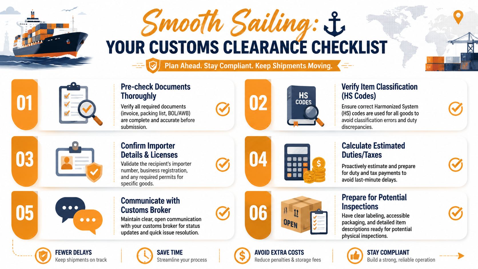 A six-step infographic checklist providing tips for efficient and compliant international customs clearance for shipping containers.