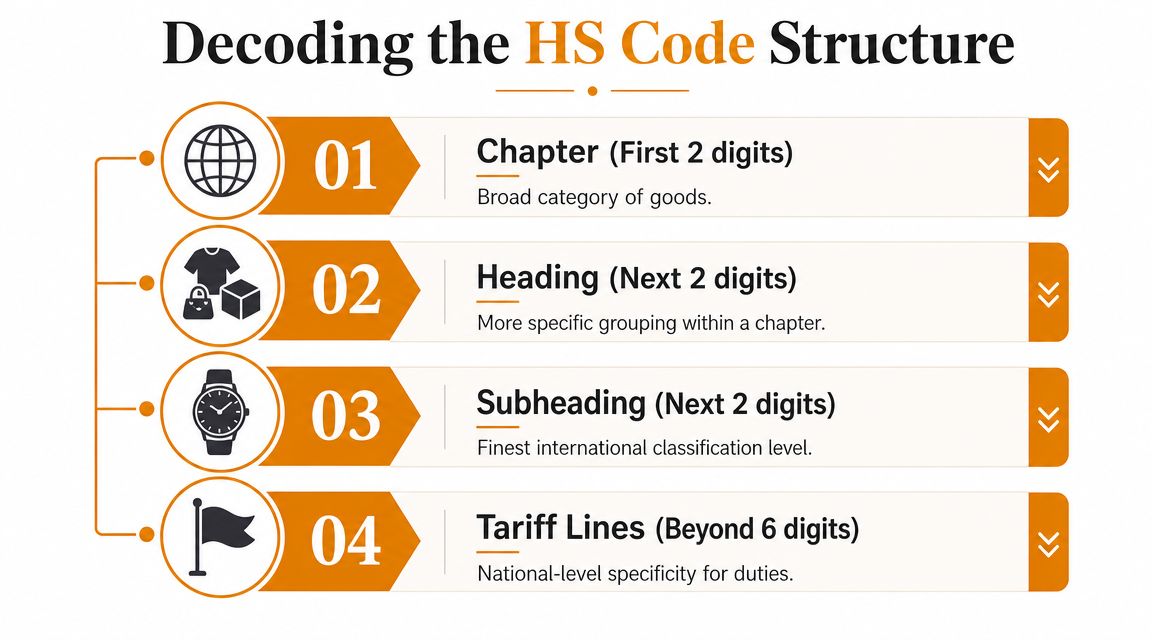 An infographic titled Decoding the HS Code Structure, explaining the four levels of international product classification.