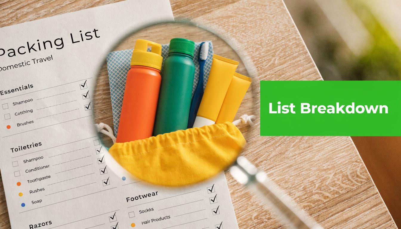 A travel packing list document being examined with a magnifying glass over various toiletries and items.
