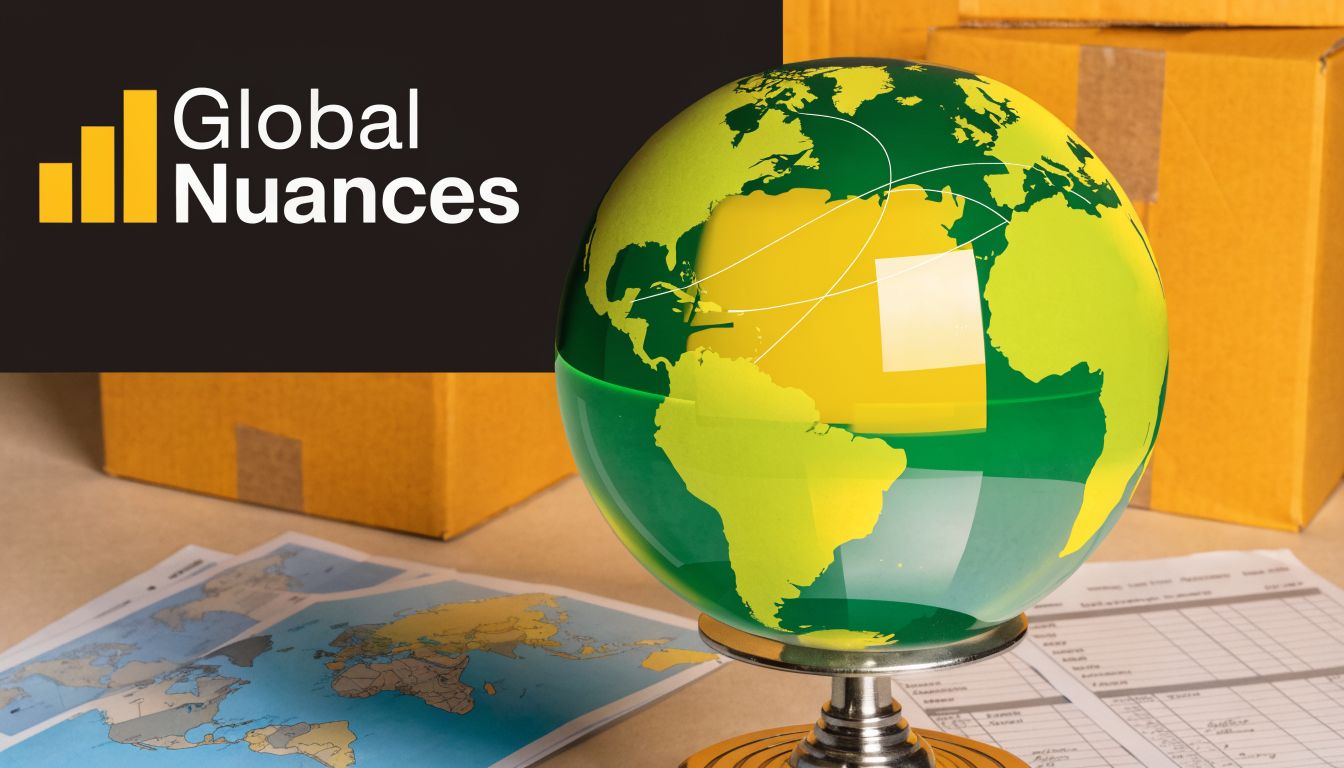 A glass globe sitting on a desk with packing boxes and shipping documents for global logistics