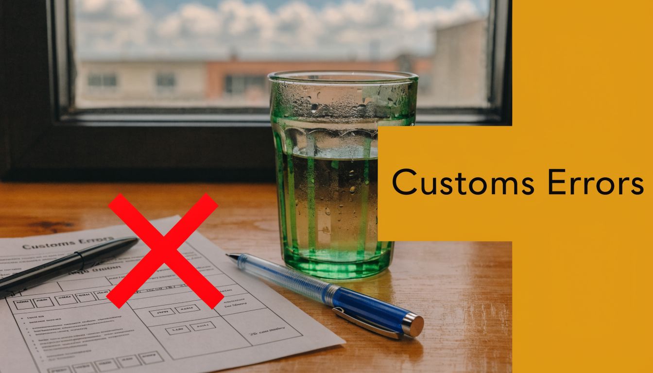 A customs document with a large red X over it, sitting next to a glass of water.