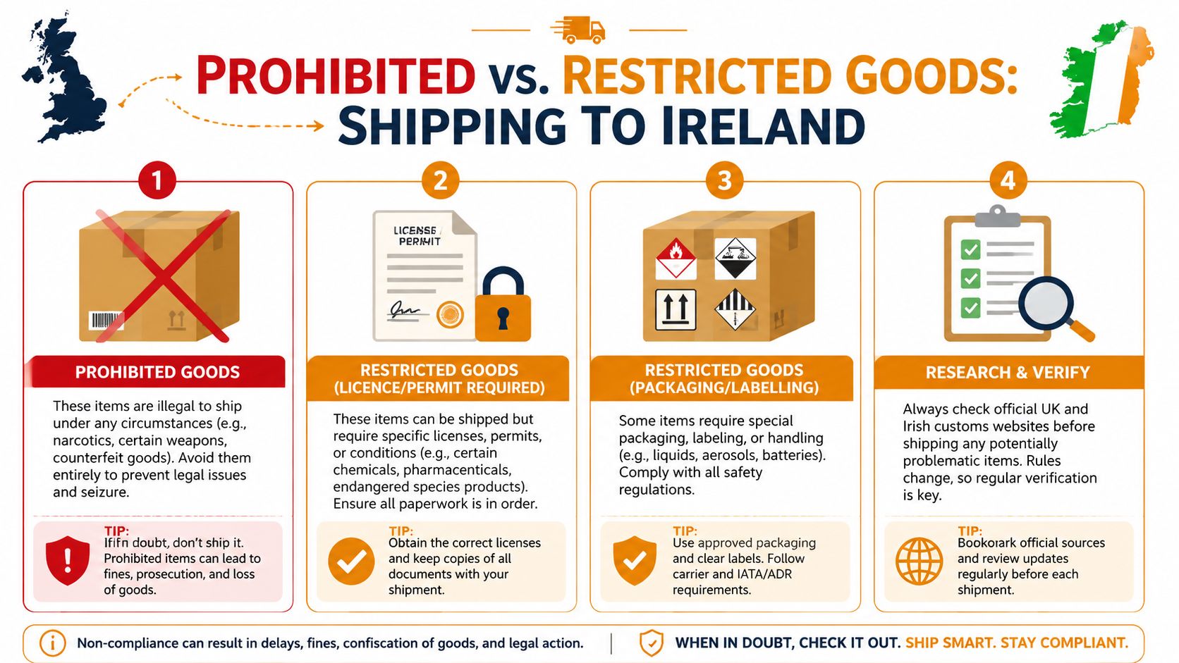 An infographic detailing guidelines for shipping prohibited and restricted goods from the UK to Ireland.