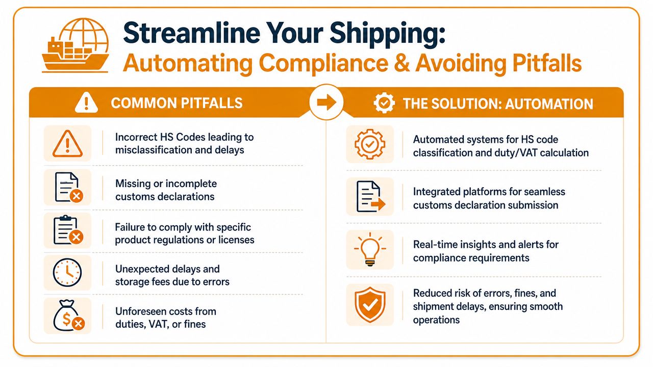 An infographic illustrating common international shipping pitfalls and how automation solutions help improve compliance and efficiency.