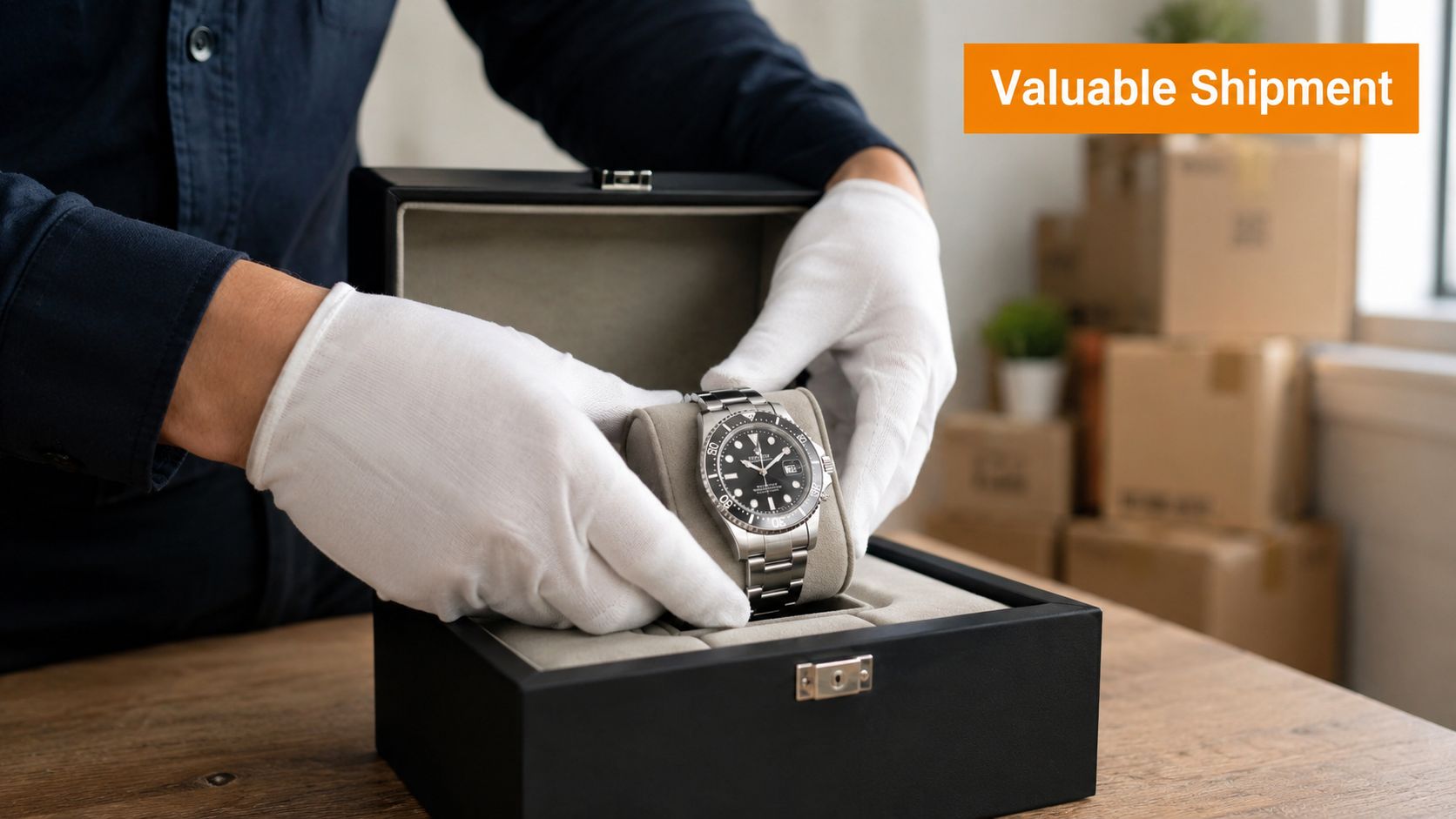 A person wearing white gloves carefully places a luxury wristwatch into a black presentation box.