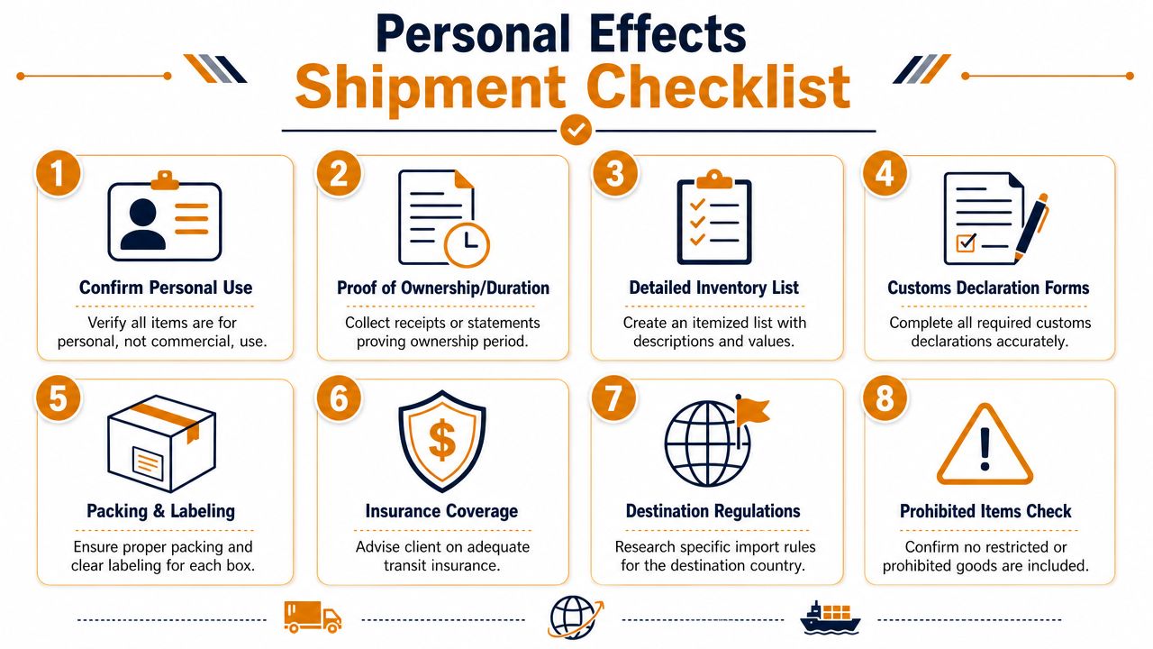 An infographic checklist outlining eight essential steps for preparing and shipping personal effects internationally for relocation.