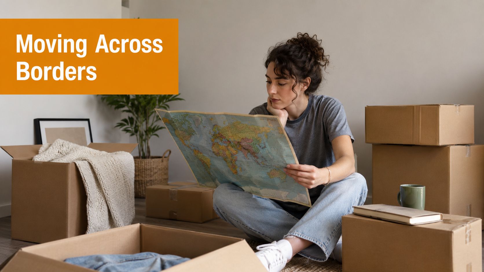 A woman sitting on the floor surrounded by cardboard boxes, looking at a world map while packing.