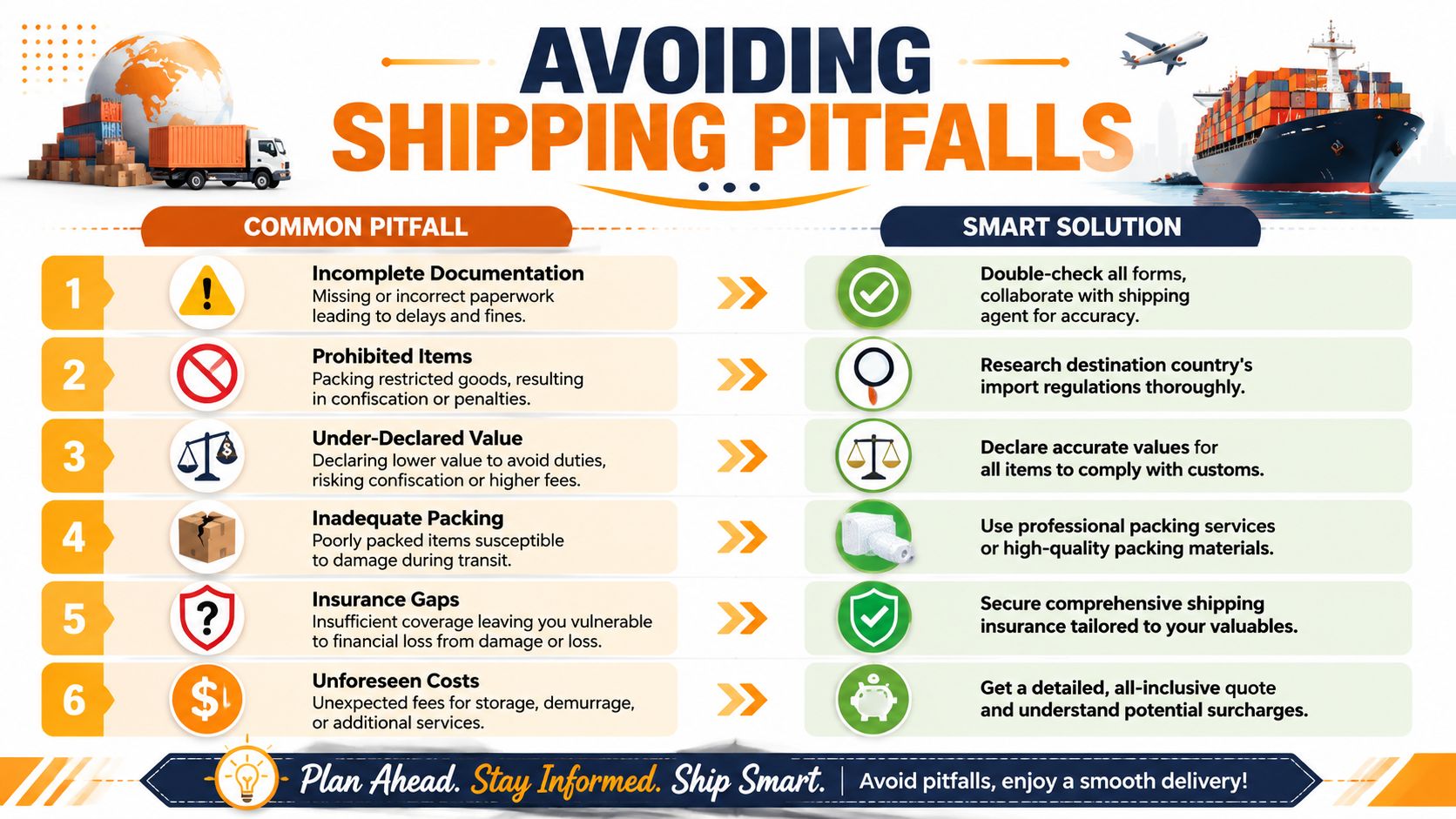 A graphic infographic explaining common shipping pitfalls and their smart solutions for international cargo delivery.